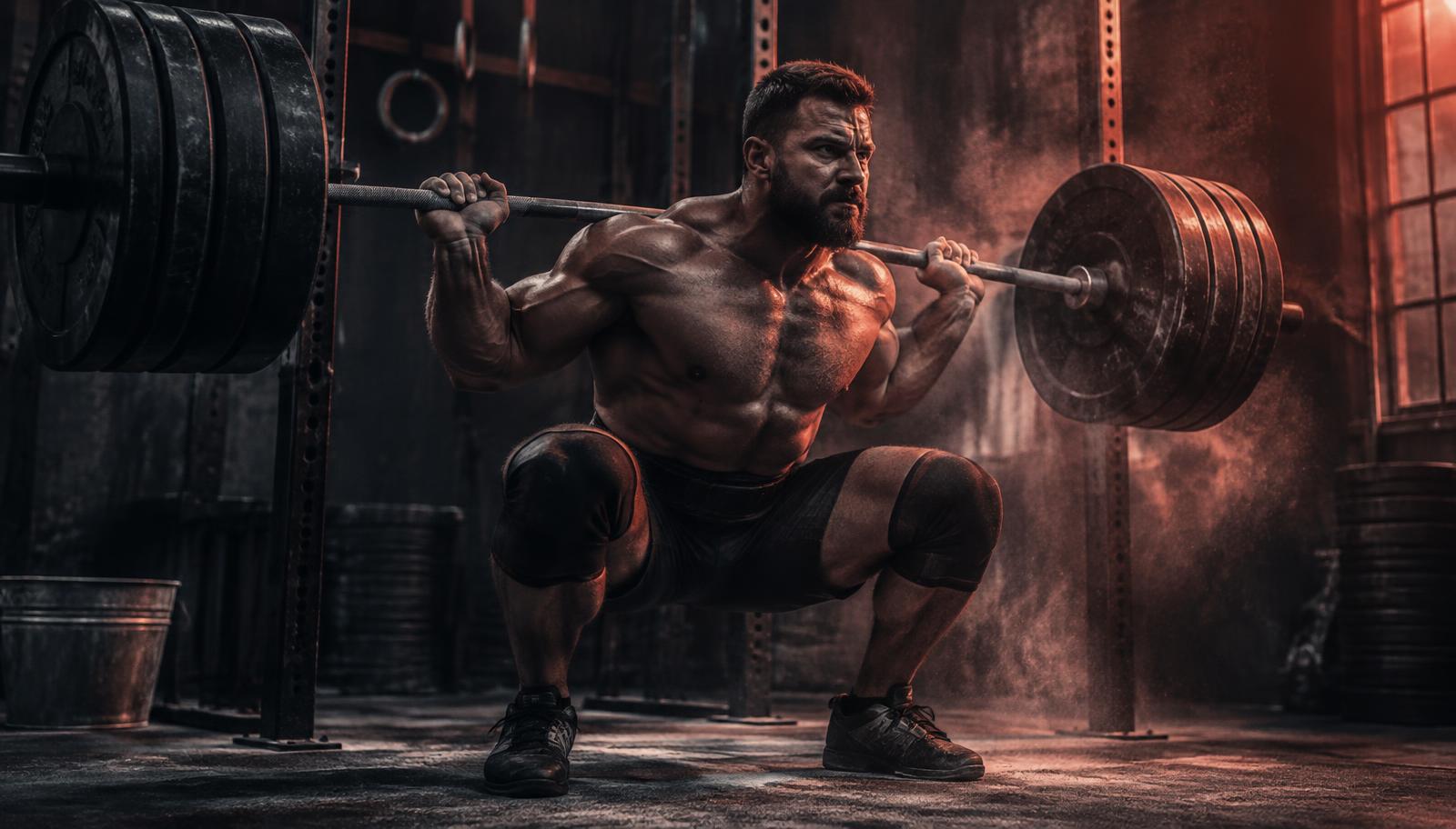 Athlete performing a heavy barbell squat